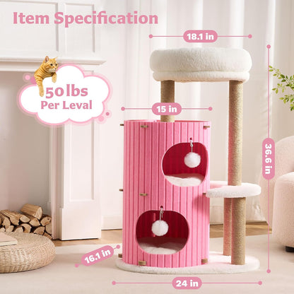 Modern Cat Tree for Indoor Small & Medium Cats, 36" Cat Tower with Scratching Posts, 2 Cozy Cat Caves, Top Perch, Dangling Balls, Washable Cushions, Space-Saving Cat Condo, Pink