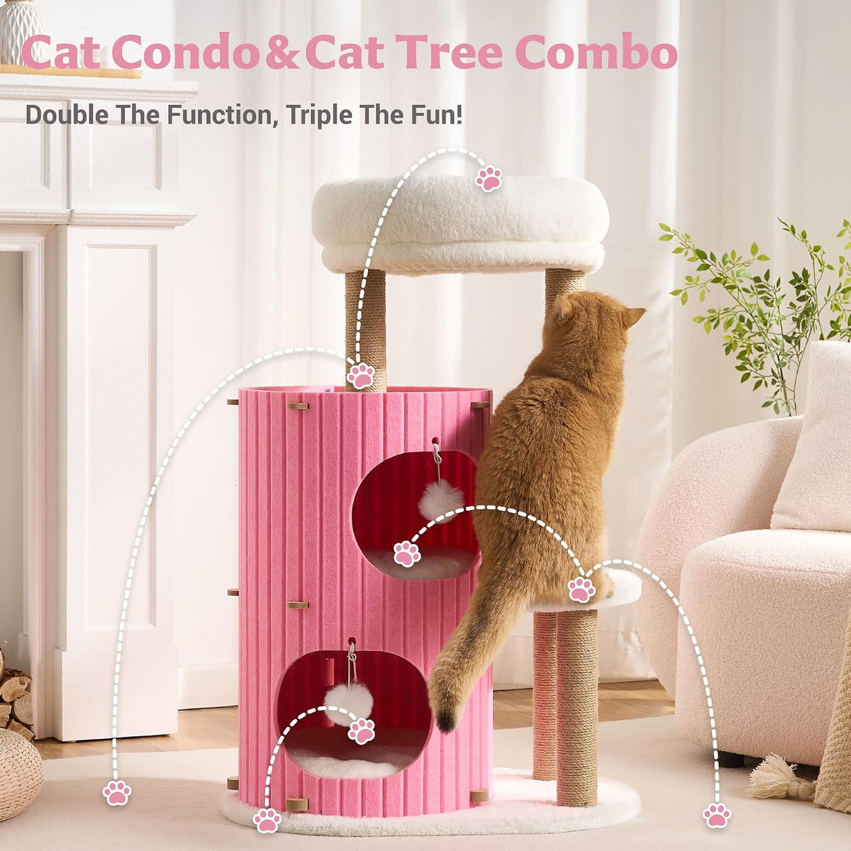 Modern Cat Tree for Indoor Small & Medium Cats, 36" Cat Tower with Scratching Posts, 2 Cozy Cat Caves, Top Perch, Dangling Balls, Washable Cushions, Space-Saving Cat Condo, Pink