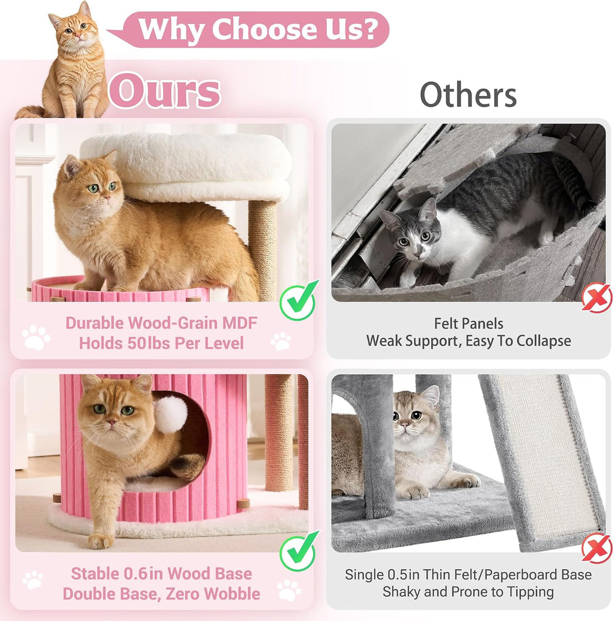 Modern Cat Tree for Indoor Small & Medium Cats, 36" Cat Tower with Scratching Posts, 2 Cozy Cat Caves, Top Perch, Dangling Balls, Washable Cushions, Space-Saving Cat Condo, Pink