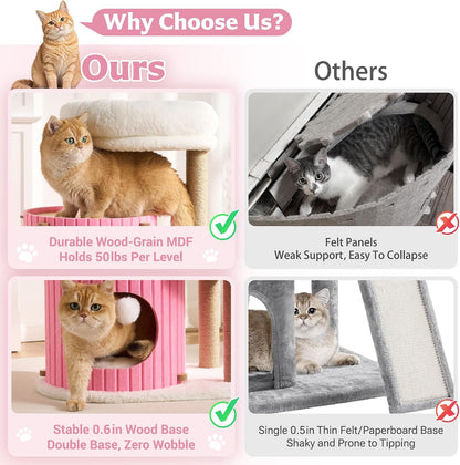 Modern Cat Tree for Indoor Small & Medium Cats, 36" Cat Tower with Scratching Posts, 2 Cozy Cat Caves, Top Perch, Dangling Balls, Washable Cushions, Space-Saving Cat Condo, Pink