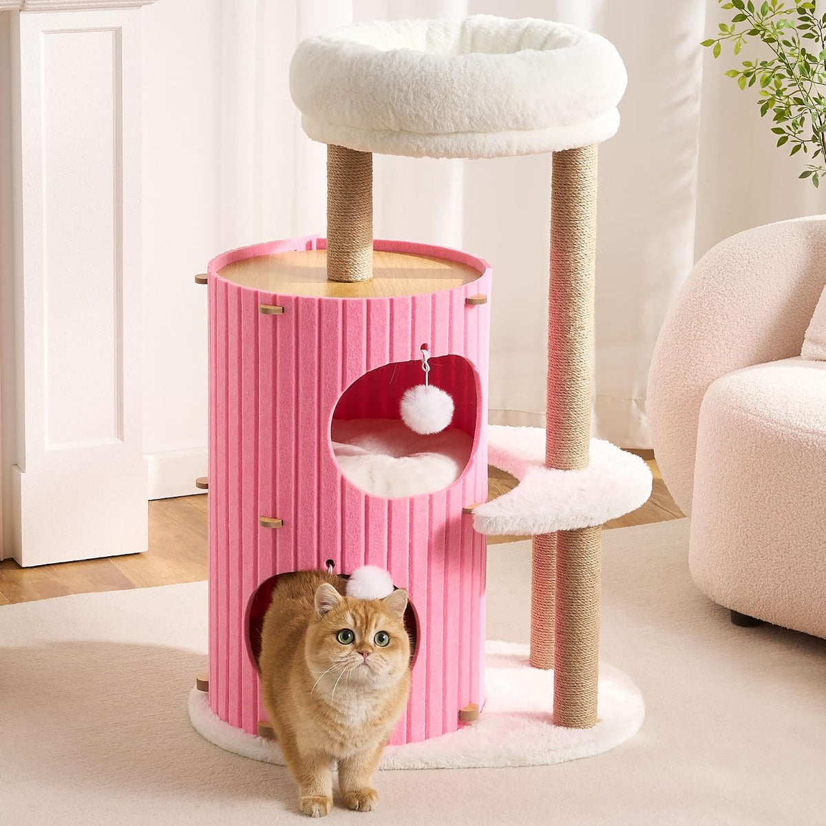 Modern Cat Tree for Indoor Small & Medium Cats, 36" Cat Tower with Scratching Posts, 2 Cozy Cat Caves, Top Perch, Dangling Balls, Washable Cushions, Space-Saving Cat Condo, Pink
