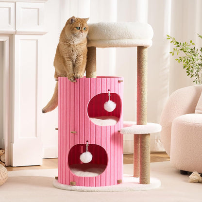Modern Cat Tree for Indoor Small & Medium Cats, 36" Cat Tower with Scratching Posts, 2 Cozy Cat Caves, Top Perch, Dangling Balls, Washable Cushions, Space-Saving Cat Condo, Pink