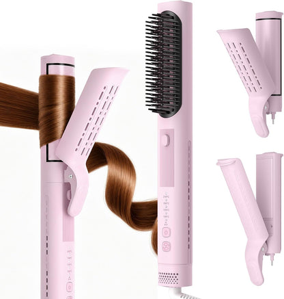 Airflow Curling Iron, Straightener & Flat Iron Combo, Red Light Hair Care, 3-in-1 Hair Styler with Interchangeable Attachments – 300M Negative Ions, Gift for Women, Pink