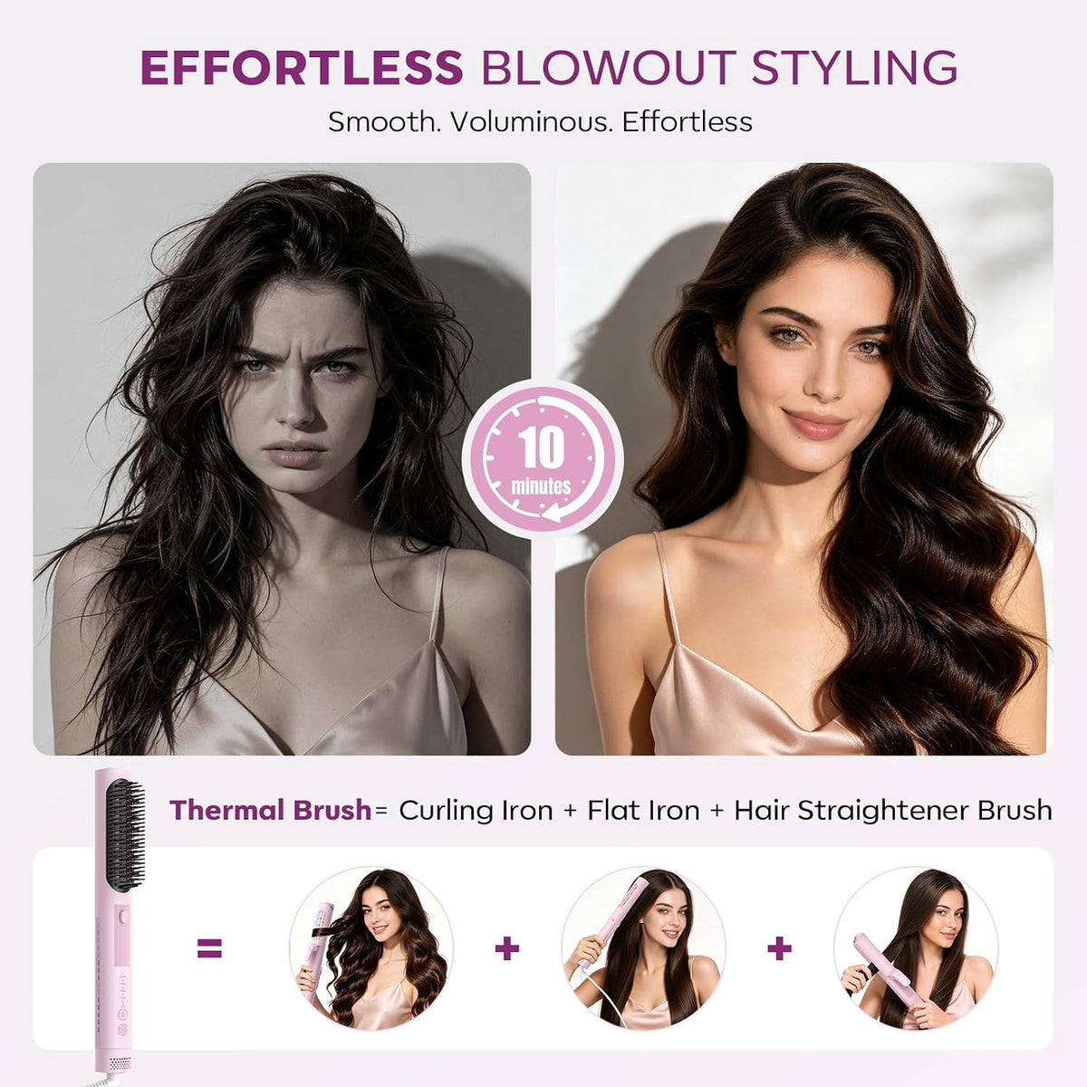 Airflow Curling Iron, Straightener & Flat Iron Combo, Red Light Hair Care, 3-in-1 Hair Styler with Interchangeable Attachments – 300M Negative Ions, Gift for Women, Pink