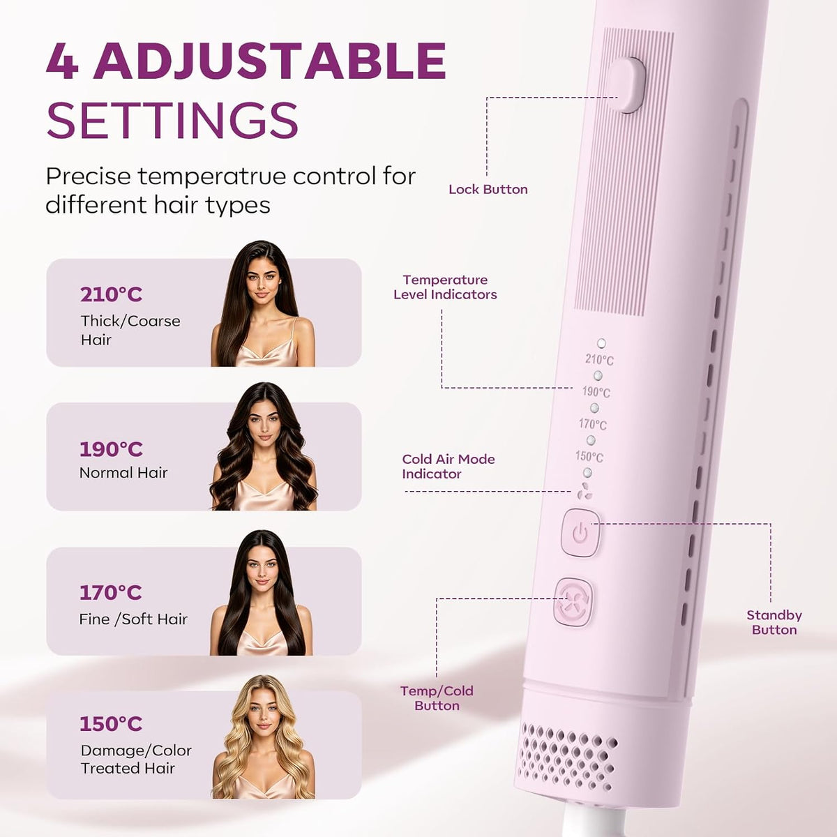Airflow Curling Iron, Straightener & Flat Iron Combo, Red Light Hair Care, 3-in-1 Hair Styler with Interchangeable Attachments – 300M Negative Ions, Gift for Women, Pink