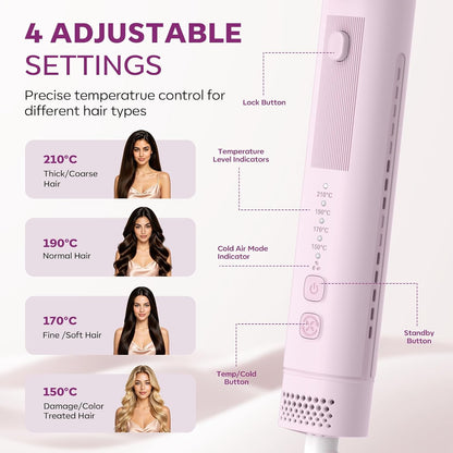 Airflow Curling Iron, Straightener & Flat Iron Combo, Red Light Hair Care, 3-in-1 Hair Styler with Interchangeable Attachments – 300M Negative Ions, Gift for Women, Pink