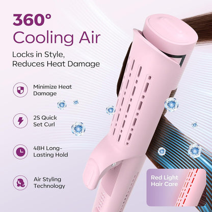 Airflow Curling Iron, Straightener & Flat Iron Combo, Red Light Hair Care, 3-in-1 Hair Styler with Interchangeable Attachments – 300M Negative Ions, Gift for Women, Pink