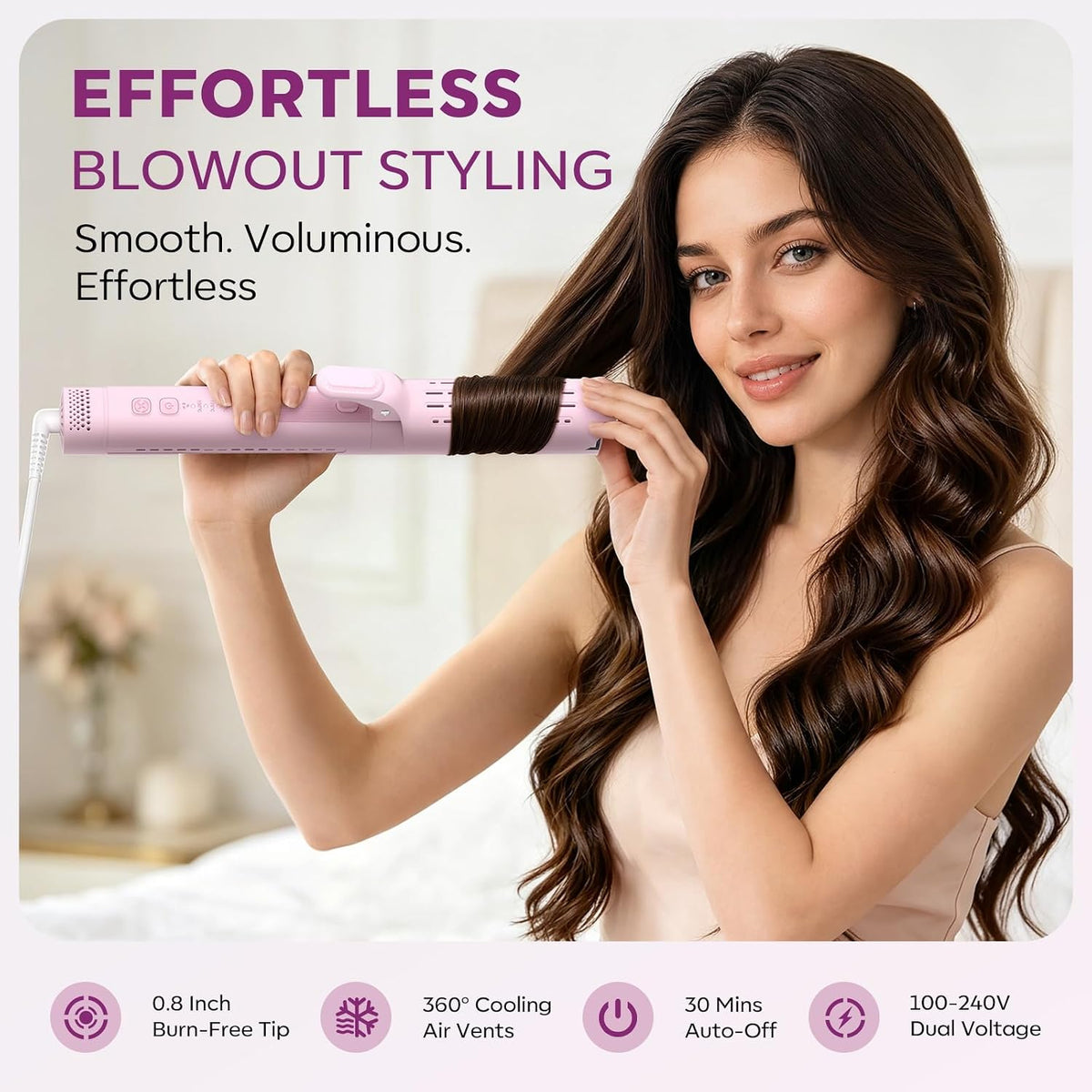 Airflow Curling Iron, Straightener & Flat Iron Combo, Red Light Hair Care, 3-in-1 Hair Styler with Interchangeable Attachments – 300M Negative Ions, Gift for Women, Pink