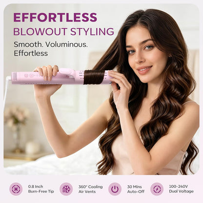 Airflow Curling Iron, Straightener & Flat Iron Combo, Red Light Hair Care, 3-in-1 Hair Styler with Interchangeable Attachments – 300M Negative Ions, Gift for Women, Pink
