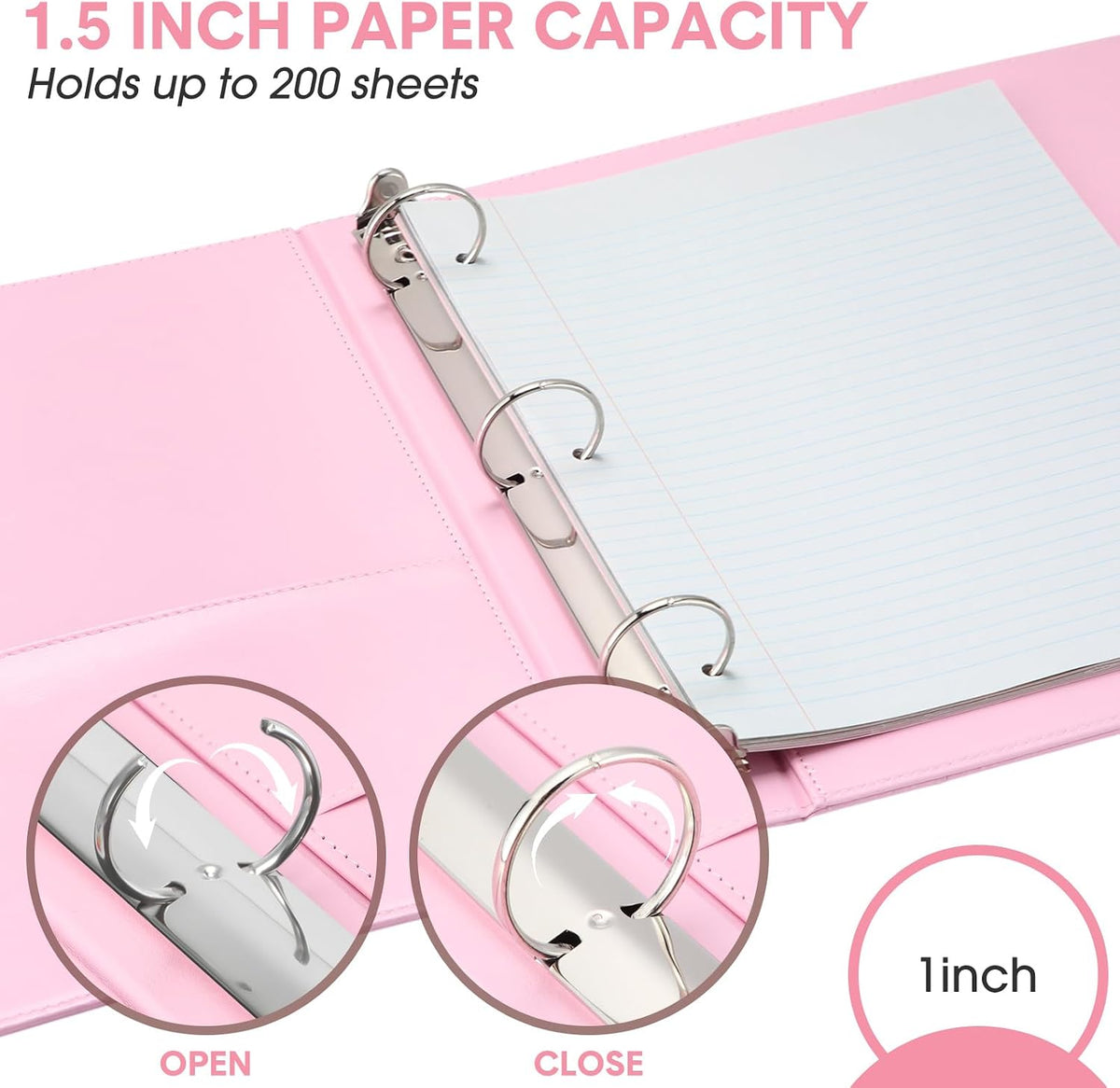 2 Pcs 3 Ring Leather Binder Letter Size,1.5 Inch,Light Pink