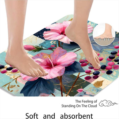 Floral Pattern Quick Dry Bath Mat, Elegant Peach Flowers Artistic Absorbent Non Slip Shower Mat, Spring Memory Foam Washable Bath Rugs for Bathroom Toilet Restroom Decorative 20x32 Inch