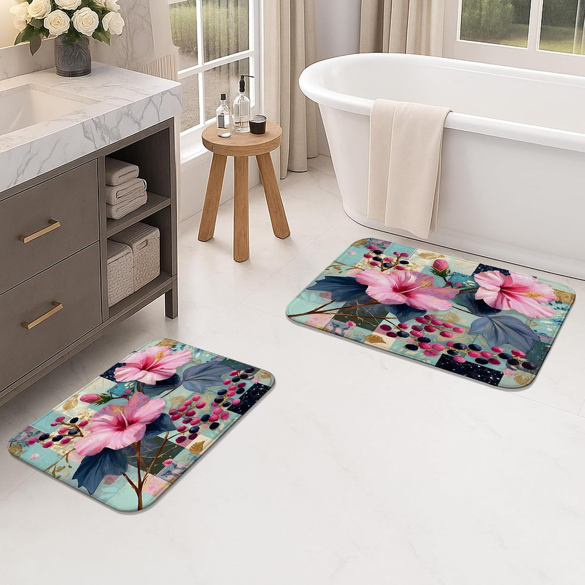 Floral Pattern Quick Dry Bath Mat, Elegant Peach Flowers Artistic Absorbent Non Slip Shower Mat, Spring Memory Foam Washable Bath Rugs for Bathroom Toilet Restroom Decorative 20x32 Inch