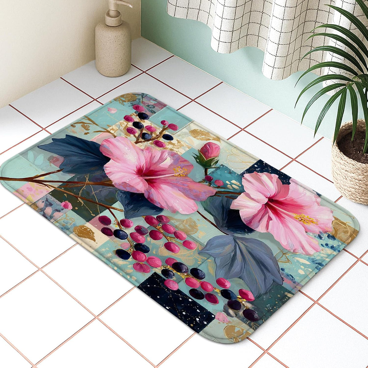Floral Pattern Quick Dry Bath Mat, Elegant Peach Flowers Artistic Absorbent Non Slip Shower Mat, Spring Memory Foam Washable Bath Rugs for Bathroom Toilet Restroom Decorative 20x32 Inch