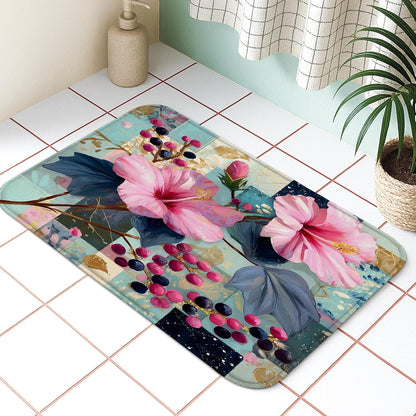 Floral Pattern Quick Dry Bath Mat, Elegant Peach Flowers Artistic Absorbent Non Slip Shower Mat, Spring Memory Foam Washable Bath Rugs for Bathroom Toilet Restroom Decorative 20x32 Inch