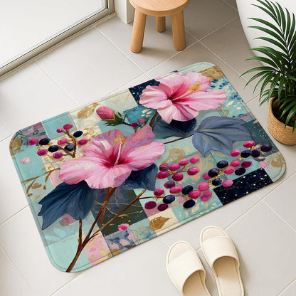 Floral Pattern Quick Dry Bath Mat, Elegant Peach Flowers Artistic Absorbent Non Slip Shower Mat, Spring Memory Foam Washable Bath Rugs for Bathroom Toilet Restroom Decorative 20x32 Inch