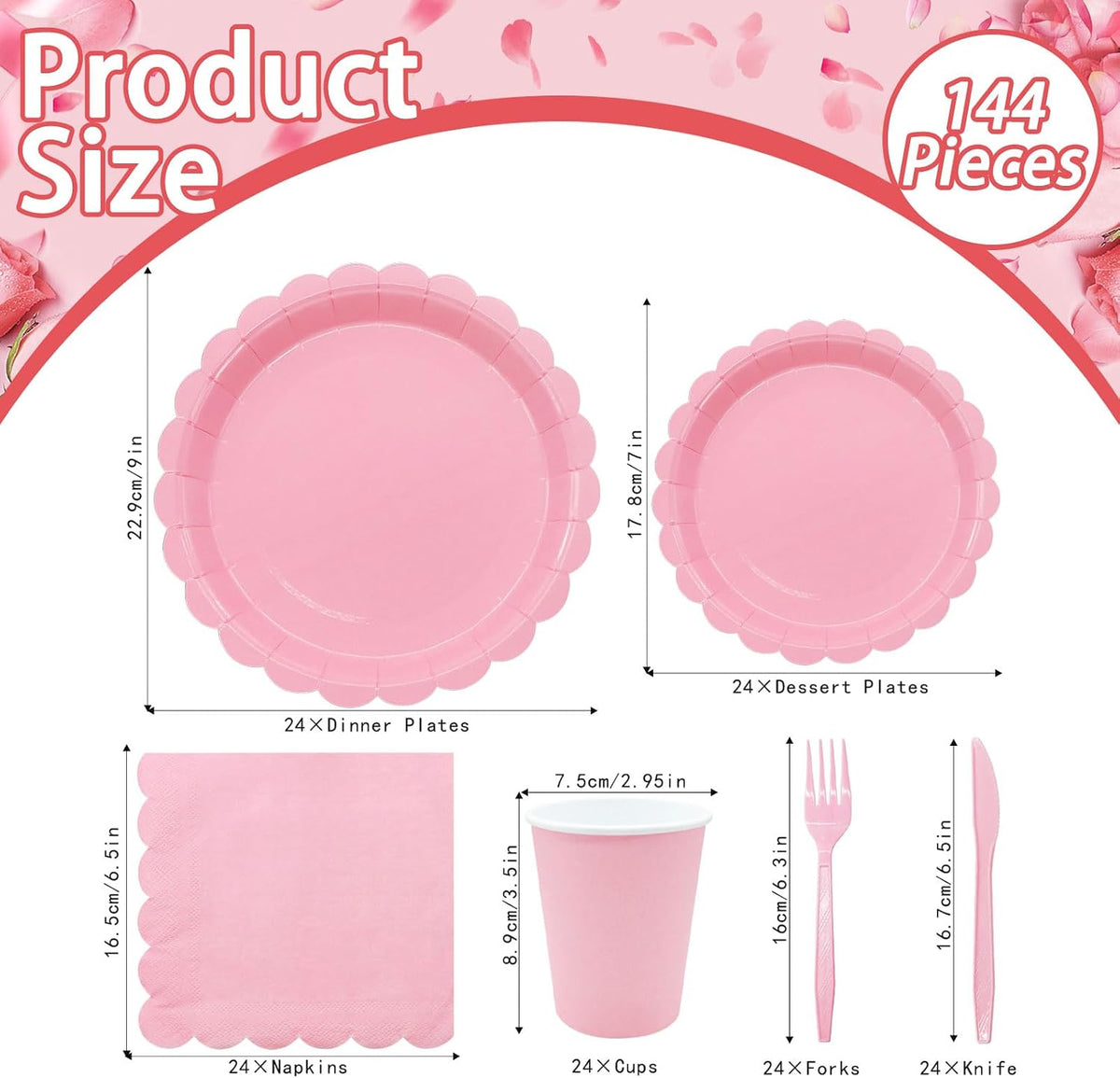 144PCS Light Pink Plates and Napkins, Pink Birthday Party Supplies Scalloped Paper Plates Napkins Cups Tableware Set Light Pink Disposable Dinnerware for Wedding Bridal Baby Shower Decoration Serve 24