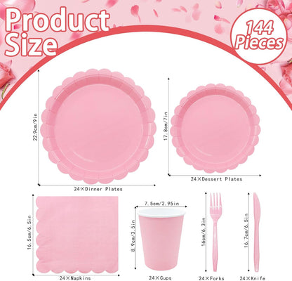 144PCS Light Pink Plates and Napkins, Pink Birthday Party Supplies Scalloped Paper Plates Napkins Cups Tableware Set Light Pink Disposable Dinnerware for Wedding Bridal Baby Shower Decoration Serve 24