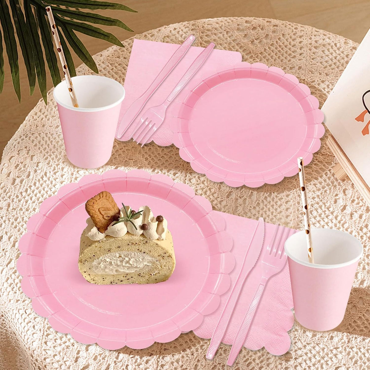 144PCS Light Pink Plates and Napkins, Pink Birthday Party Supplies Scalloped Paper Plates Napkins Cups Tableware Set Light Pink Disposable Dinnerware for Wedding Bridal Baby Shower Decoration Serve 24