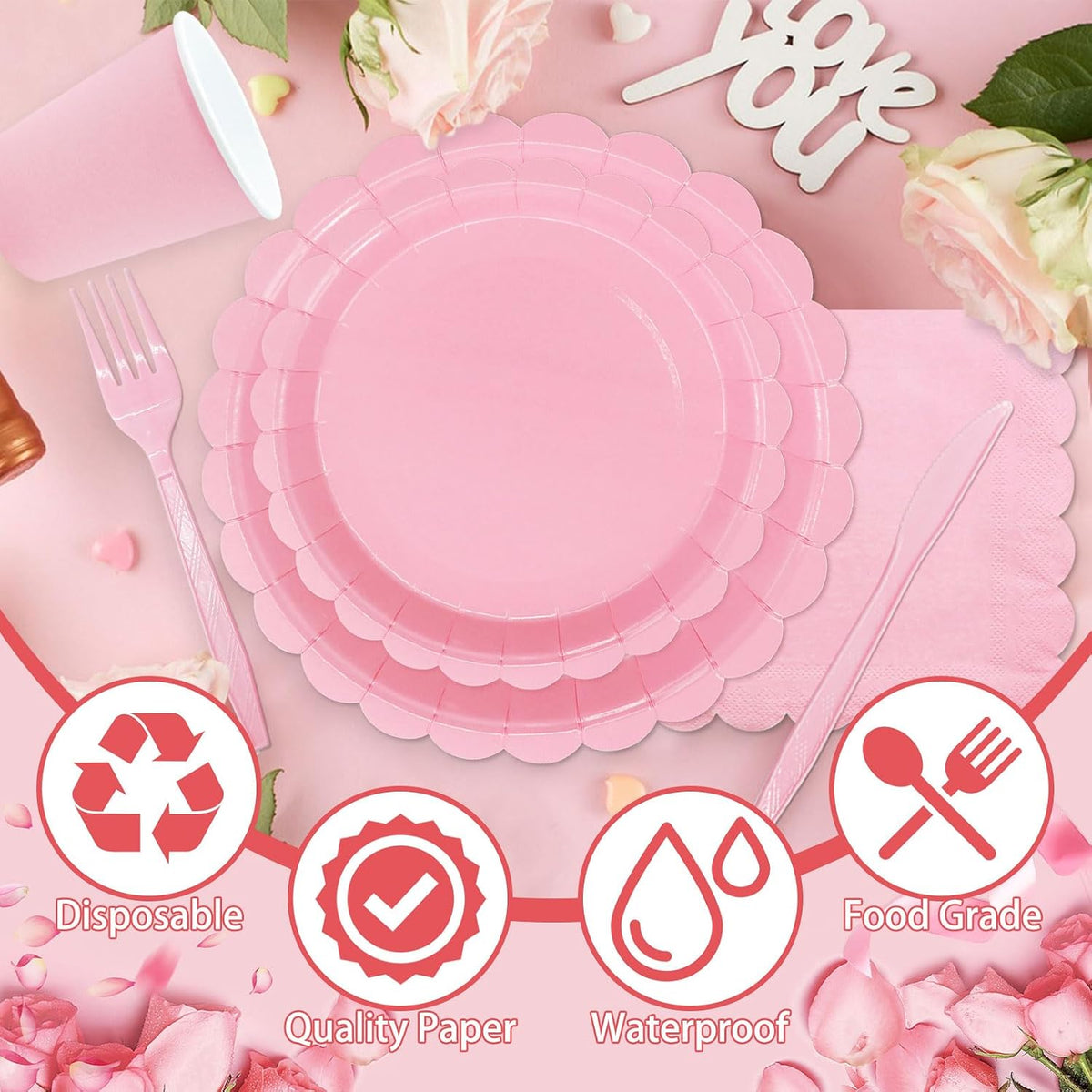144PCS Light Pink Plates and Napkins, Pink Birthday Party Supplies Scalloped Paper Plates Napkins Cups Tableware Set Light Pink Disposable Dinnerware for Wedding Bridal Baby Shower Decoration Serve 24