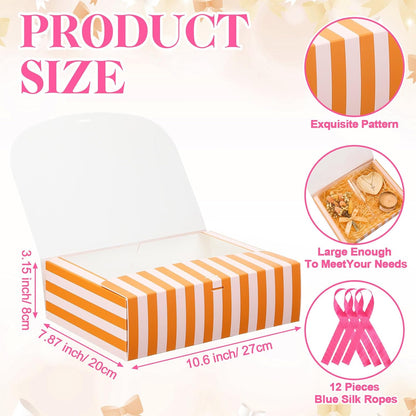 12 Pcs Orange Pink Striped Gift Boxes Foldable Paper Boxes with Satin Ribbon, 7.87 x 10.6 Inch, for Bridesmaid Proposal Bridal Shower Summer Party Favors, Present Packaging