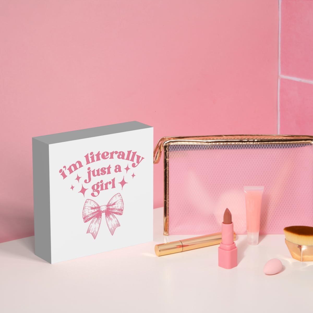 Dorm Room Decor for Teen Girls: Pink Desk Accessories, Clean Girl Room Decor, Pink Bathroom Wooden Box Sign
