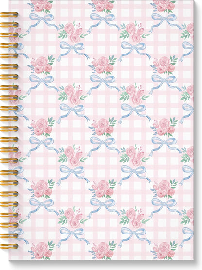 Coquette Floral Bow Spiral Notebook, Chinoiserie Pastel Pink Rose Floral Journal, Trendy Preppy Grandmillennial Flower Aesthetic Journal Notebook, 5.5x8.3 Inch
