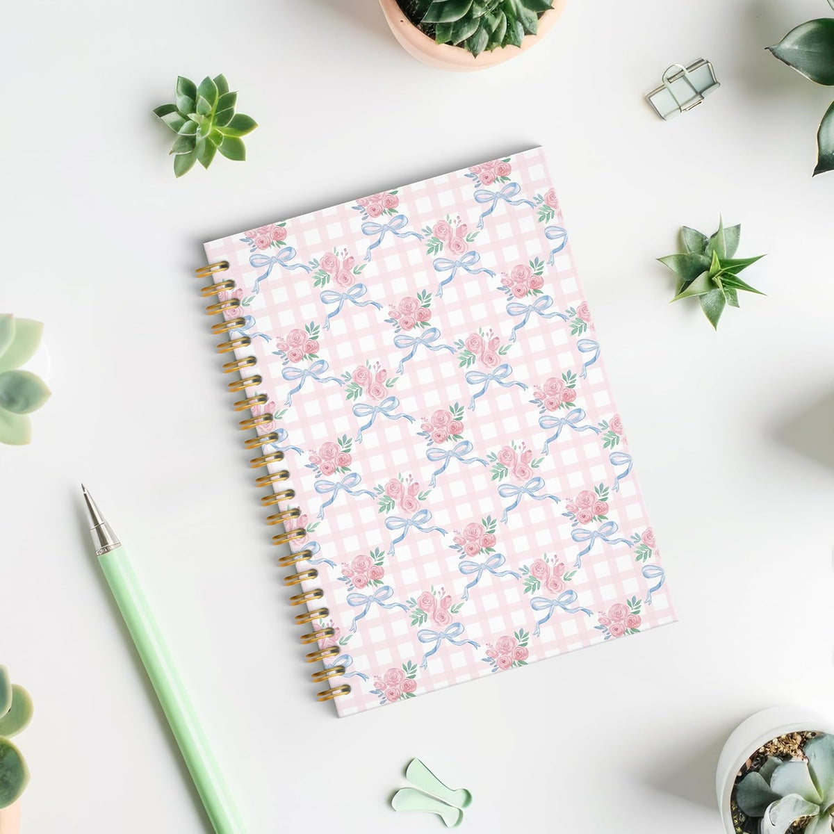 Coquette Floral Bow Spiral Notebook, Chinoiserie Pastel Pink Rose Floral Journal, Trendy Preppy Grandmillennial Flower Aesthetic Journal Notebook, 5.5x8.3 Inch
