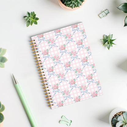 Coquette Floral Bow Spiral Notebook, Chinoiserie Pastel Pink Rose Floral Journal, Trendy Preppy Grandmillennial Flower Aesthetic Journal Notebook, 5.5x8.3 Inch