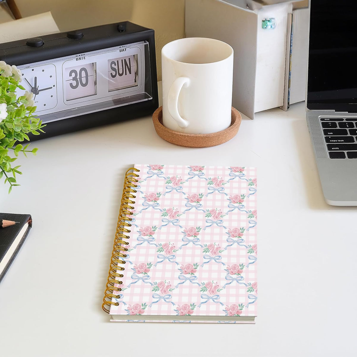 Coquette Floral Bow Spiral Notebook, Chinoiserie Pastel Pink Rose Floral Journal, Trendy Preppy Grandmillennial Flower Aesthetic Journal Notebook, 5.5x8.3 Inch