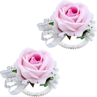 Set of 2 Wrist Corsage Wristlet for Wedding Prom Women Bride Bridesmaid Artificial Rose Flower Decorations Homecoming Anniversary Party (Light Pink)