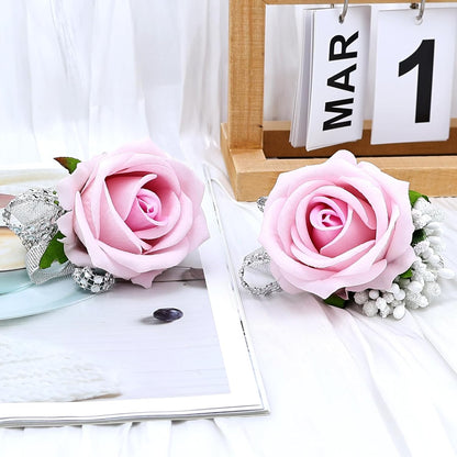 Set of 2 Wrist Corsage Wristlet for Wedding Prom Women Bride Bridesmaid Artificial Rose Flower Decorations Homecoming Anniversary Party (Light Pink)