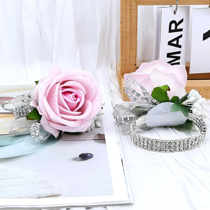 Set of 2 Wrist Corsage Wristlet for Wedding Prom Women Bride Bridesmaid Artificial Rose Flower Decorations Homecoming Anniversary Party (Light Pink)