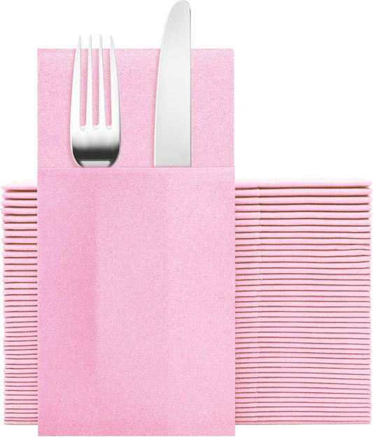 Pink Napkins Hand Towels Disposable, Linen Feel Dinner Napkins with Prefolded Built-in Flatware Pocket, Guest Paper Hand Towels For Wedding, Dinner Or Party (16x16in, 50Pack）