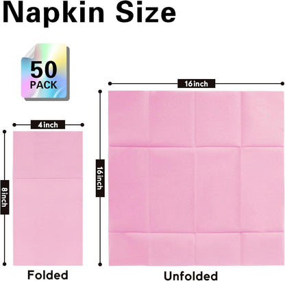 Pink Napkins Hand Towels Disposable, Linen Feel Dinner Napkins with Prefolded Built-in Flatware Pocket, Guest Paper Hand Towels For Wedding, Dinner Or Party (16x16in, 50Pack）