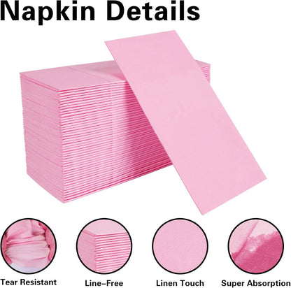 Pink Napkins Hand Towels Disposable, Linen Feel Dinner Napkins with Prefolded Built-in Flatware Pocket, Guest Paper Hand Towels For Wedding, Dinner Or Party (16x16in, 50Pack）