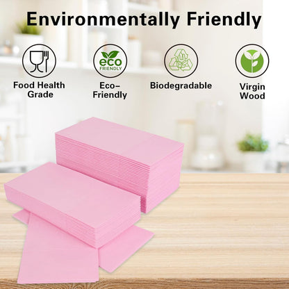Pink Napkins Hand Towels Disposable, Linen Feel Dinner Napkins with Prefolded Built-in Flatware Pocket, Guest Paper Hand Towels For Wedding, Dinner Or Party (16x16in, 50Pack）