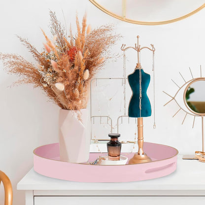 Pink Serving Tray with Handles,Round Coffee Table Tray Ottoman Tray