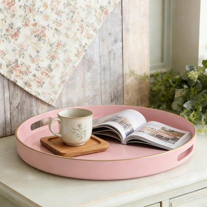 Pink Serving Tray with Handles,Round Coffee Table Tray Ottoman Tray