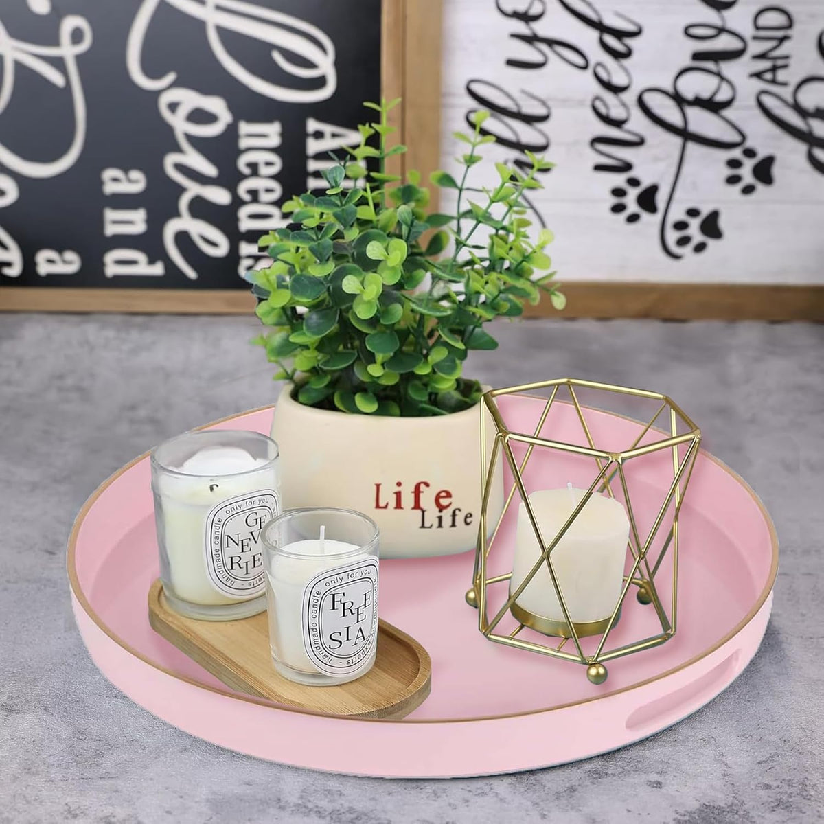 Pink Serving Tray with Handles,Round Coffee Table Tray Ottoman Tray
