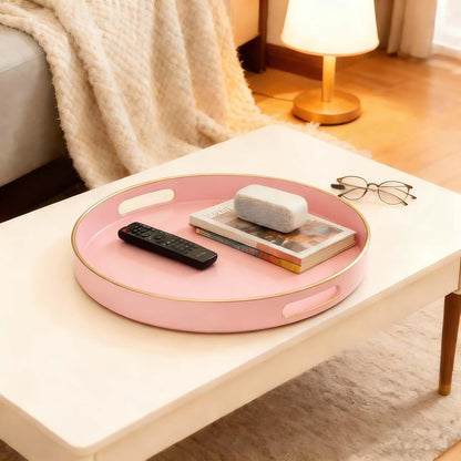 Pink Serving Tray with Handles,Round Coffee Table Tray Ottoman Tray