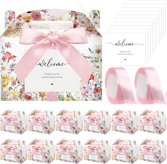 Jaloro 24 Sets Wildflower Wedding Welcome Box with Ribbon and Label 9x6x6'' Large Gable Boxes Paper Goodie Boxes Welcome Favor Kit for Wedding Bridesmaid Gift Bridal Baby Shower Birthday Party