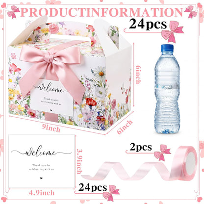 Jaloro 24 Sets Wildflower Wedding Welcome Box with Ribbon and Label 9x6x6'' Large Gable Boxes Paper Goodie Boxes Welcome Favor Kit for Wedding Bridesmaid Gift Bridal Baby Shower Birthday Party