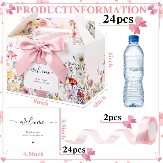 Jaloro 24 Sets Wildflower Wedding Welcome Box with Ribbon and Label 9x6x6'' Large Gable Boxes Paper Goodie Boxes Welcome Favor Kit for Wedding Bridesmaid Gift Bridal Baby Shower Birthday Party