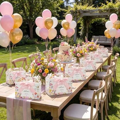 Jaloro 24 Sets Wildflower Wedding Welcome Box with Ribbon and Label 9x6x6'' Large Gable Boxes Paper Goodie Boxes Welcome Favor Kit for Wedding Bridesmaid Gift Bridal Baby Shower Birthday Party