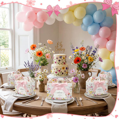 Jaloro 24 Sets Wildflower Wedding Welcome Box with Ribbon and Label 9x6x6'' Large Gable Boxes Paper Goodie Boxes Welcome Favor Kit for Wedding Bridesmaid Gift Bridal Baby Shower Birthday Party