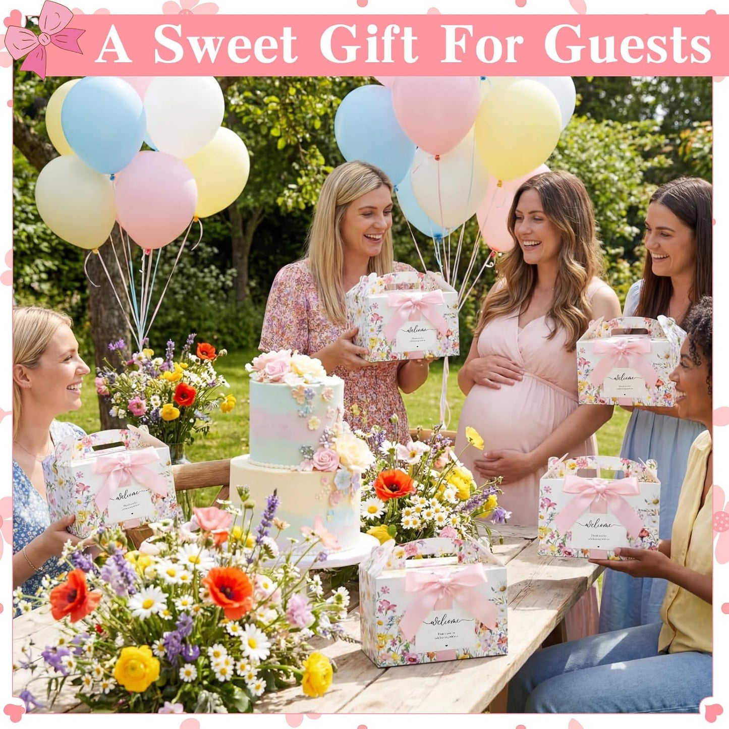 Jaloro 24 Sets Wildflower Wedding Welcome Box with Ribbon and Label 9x6x6'' Large Gable Boxes Paper Goodie Boxes Welcome Favor Kit for Wedding Bridesmaid Gift Bridal Baby Shower Birthday Party