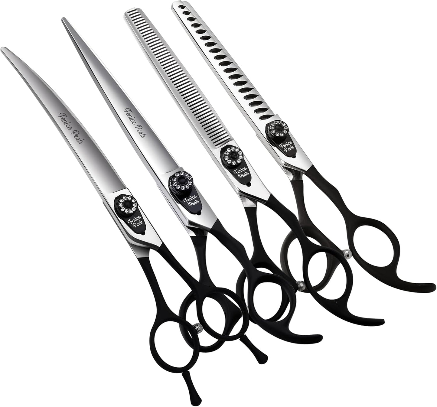 7.0'' Professional Dog Grooming Scissors Set with Black Non-Slip Handle 440C Stainless Steel Straight Thinning Curved Chunker Shears 4pcs Set for Pet Grooming Services
