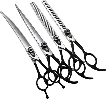 7.0'' Professional Dog Grooming Scissors Set with Black Non-Slip Handle 440C Stainless Steel Straight Thinning Curved Chunker Shears 4pcs Set for Pet Grooming Services