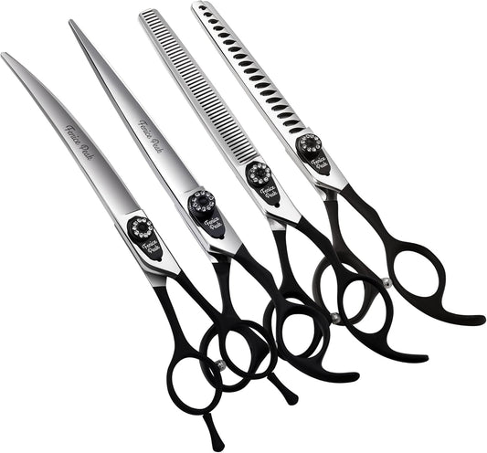 7.0'' Professional Dog Grooming Scissors Set with Black Non-Slip Handle 440C Stainless Steel Straight Thinning Curved Chunker Shears 4pcs Set for Pet Grooming Services