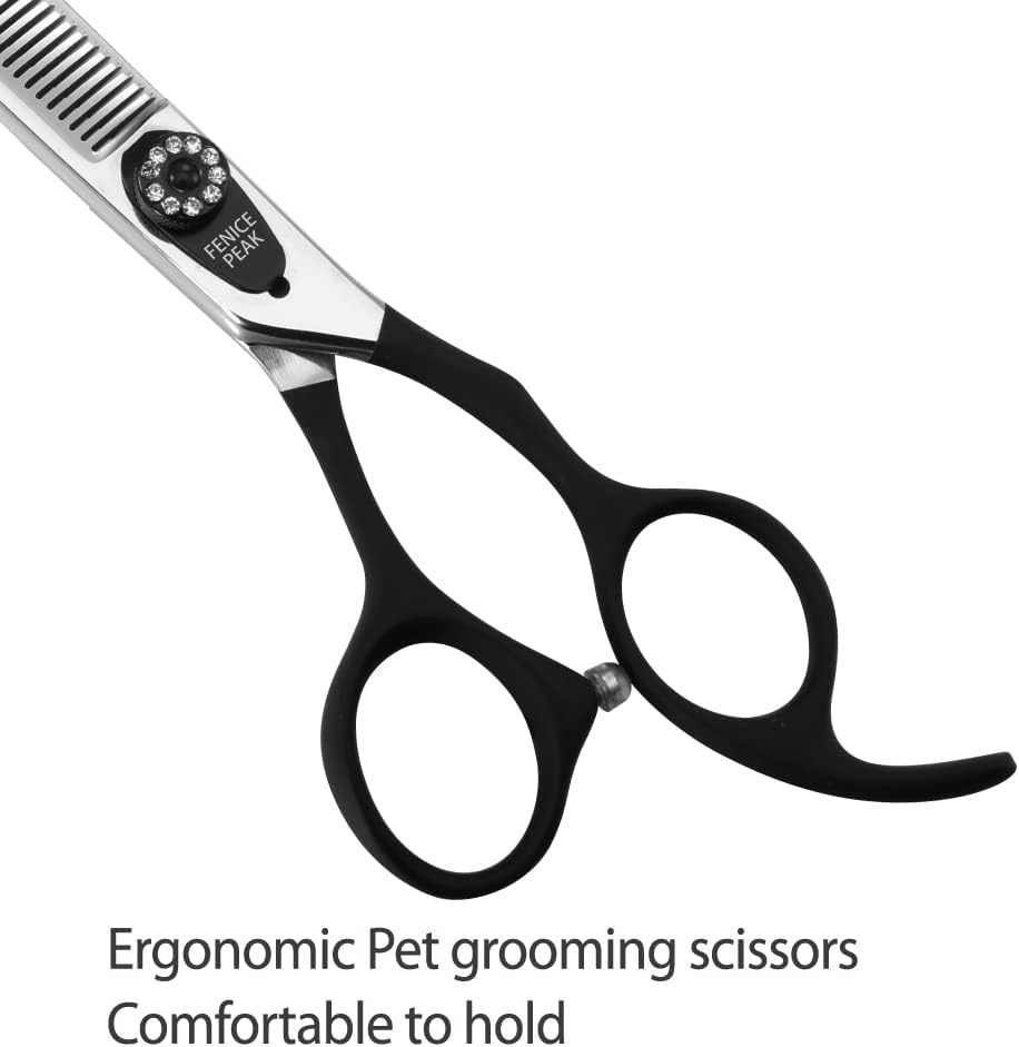 7.0'' Professional Dog Grooming Scissors Set with Black Non-Slip Handle 440C Stainless Steel Straight Thinning Curved Chunker Shears 4pcs Set for Pet Grooming Services